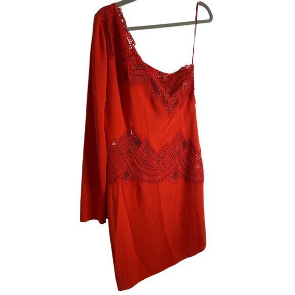 Zuhair Murad Mini Dress Lace Detail One Shoulder Long Sleeve Molten Lava Size 38 - Picture 10 of 12